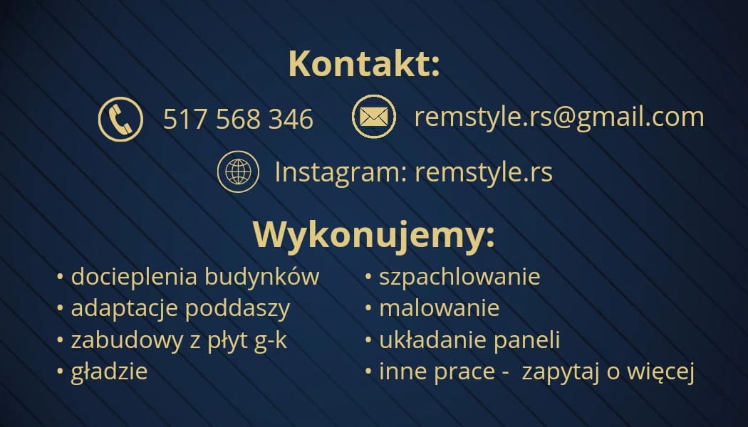Grafika z danymi kontaktowymi i listą usług remontowych: docieplenia, adaptacje poddaszy, zabudowy g-k, gładzie, szpachlowanie, malowanie, układanie paneli. Kontakt: 517568346.