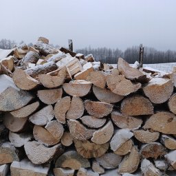 ZyMiK Garden And Wood Katarzyna Milczarek - Stos pociętego drewna kominkowego, delikatnie oprószony śniegiem, ułożony na zewnątrz w pochmurny dzień. W tle widoczne drzewa i ogrodzenie z drutu.