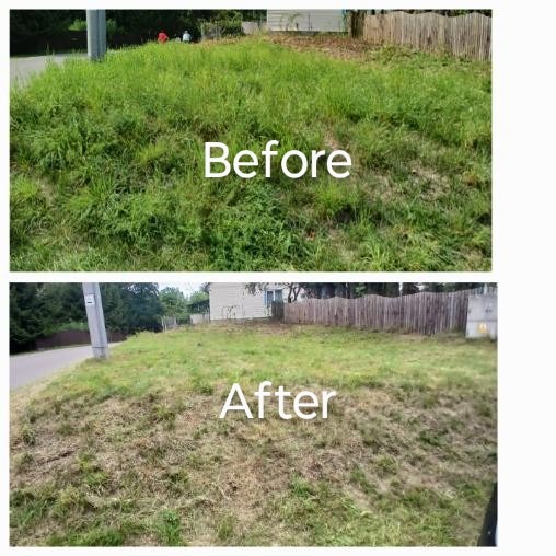 Porównanie stanu trawnika przed i po zabiegu: gęsta, wysoka trawa kontra krótko przystrzyżona murawa, z widoczną linią cięcia i resztkami skoszonej trawy na ziemi.