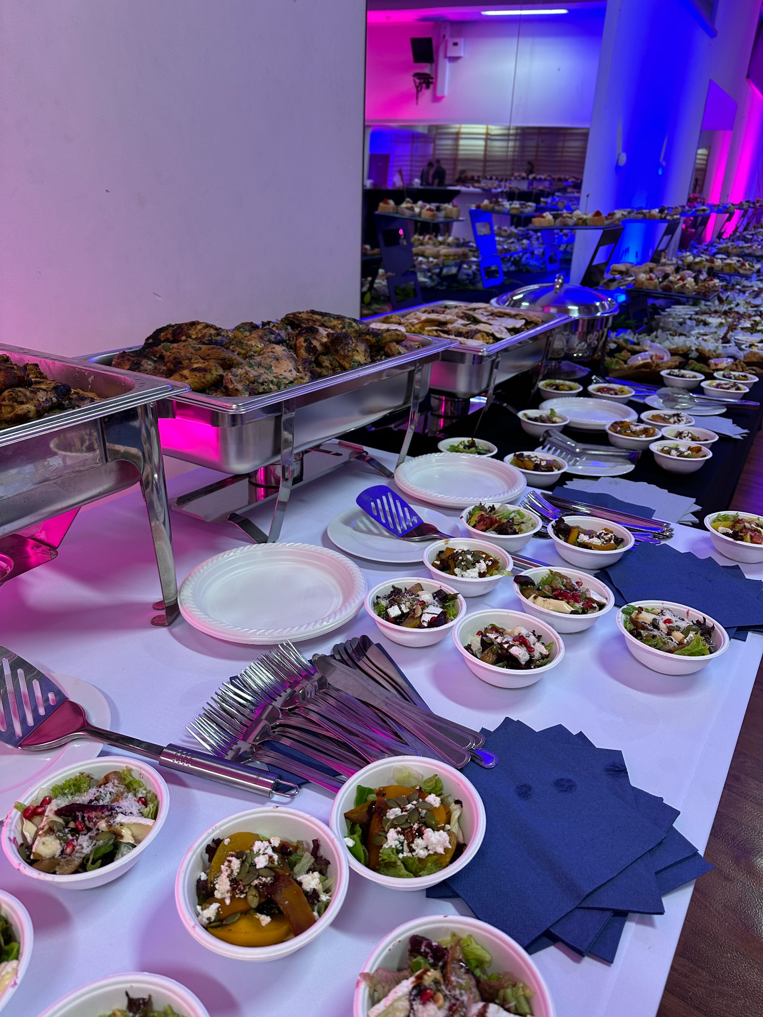 Długi stół bufetowy z metalowymi podgrzewaczami potraw zawierającymi grillowane mięso, obok małe miseczki z sałatkami, srebrne sztućce i niebieskie serwetki, całość oświetlona różowym i niebieskim...