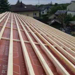 Widok z góry na konstrukcję drewnianą dachu pokrytą membraną Delta Maxx Plus, przygotowaną pod dalsze prace dekarskie, w tle zabudowa jednorodzinna i zieleń.