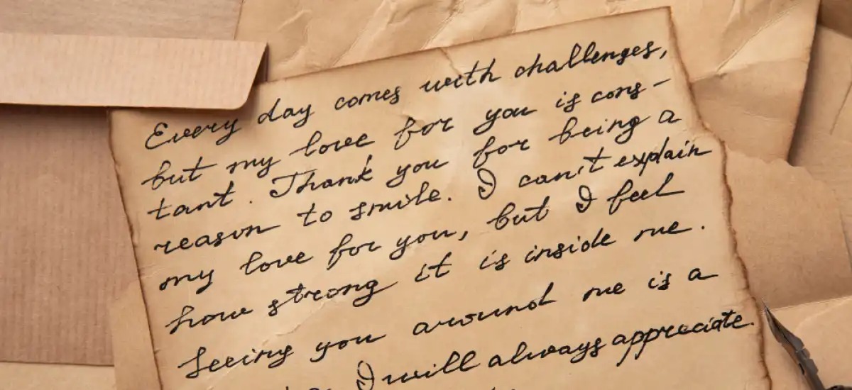 Odręcznie napisany list na postarzanym papierze z widoczną kopertą i piórem.