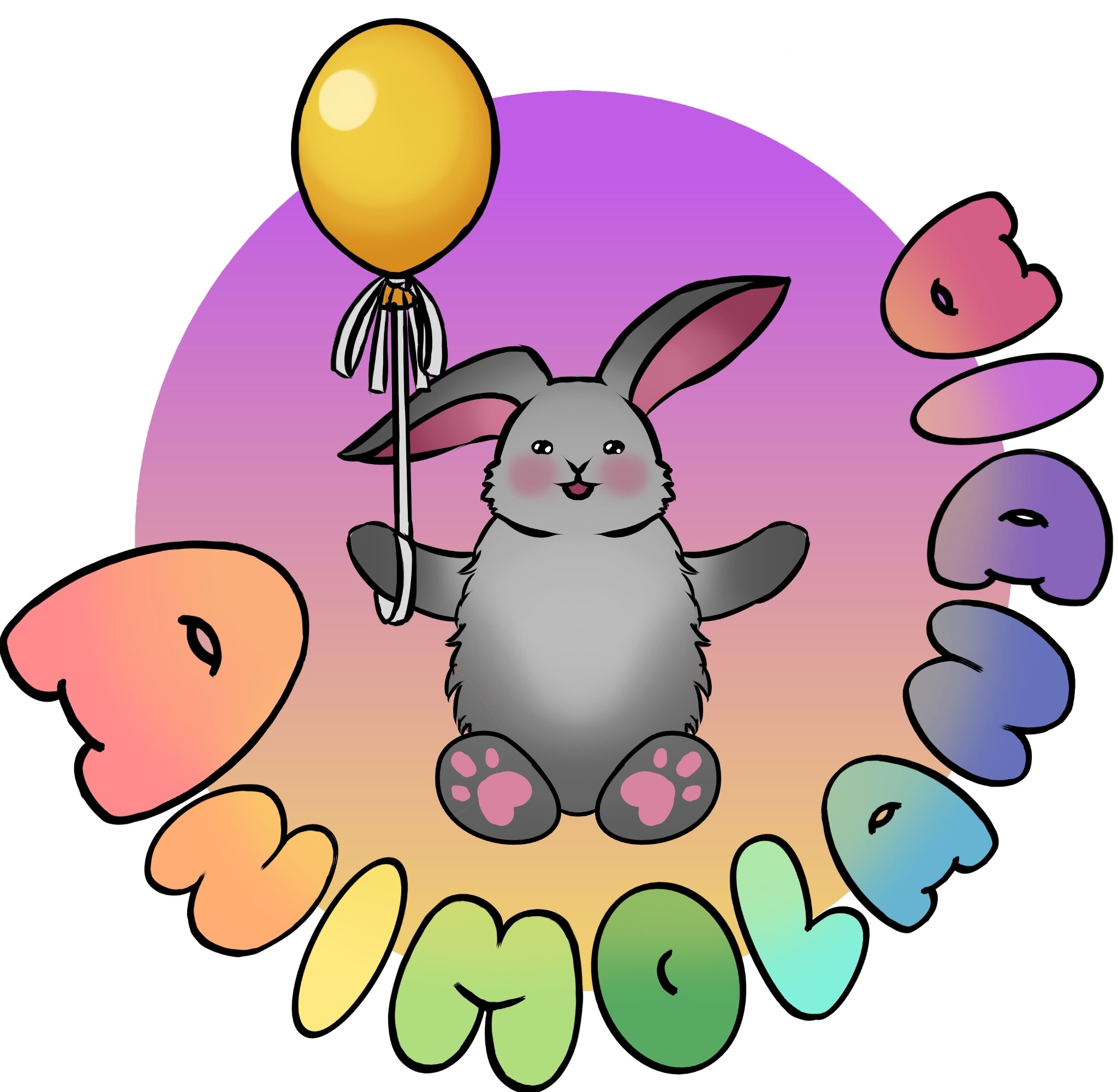 Ilustracja przedstawia szarego królika z różowymi łapkami, trzymającego żółty balon na tle gradientu kolorów i napisu 'Dimolala' z kolorowych liter.