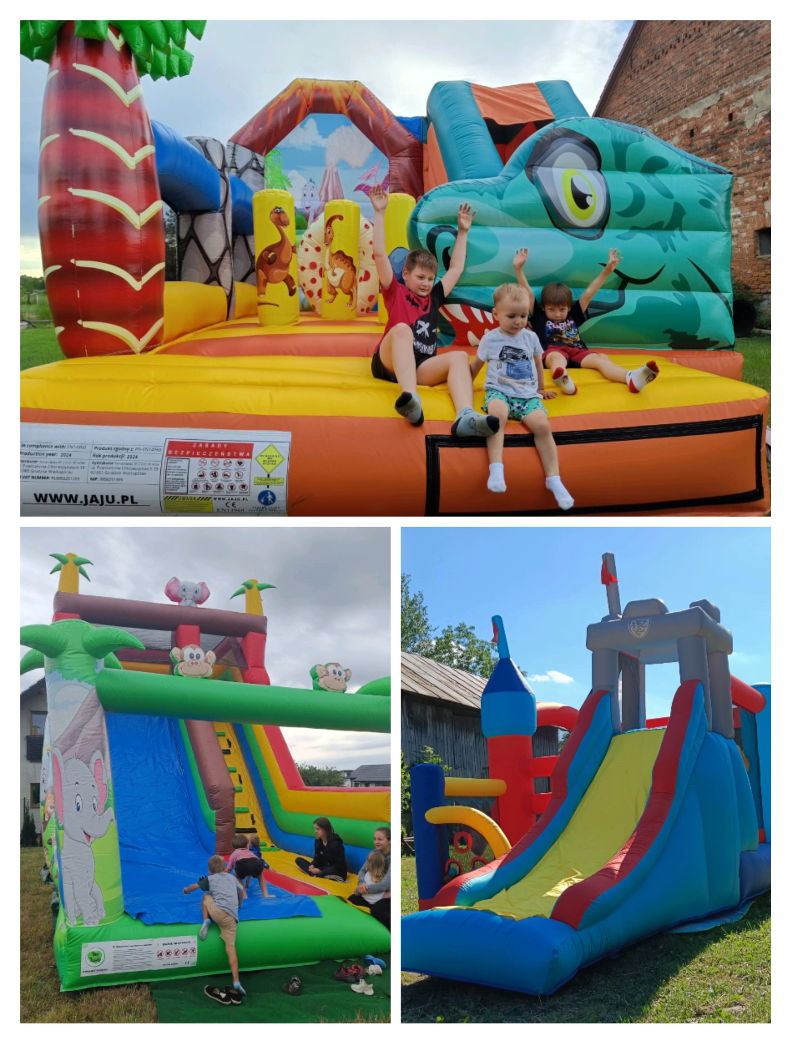 Kolorowe dmuchańce z motywami zwierzęcymi na trawie, bawiące się dzieci z podniesionymi rękami, na tle ceglanego budynku.