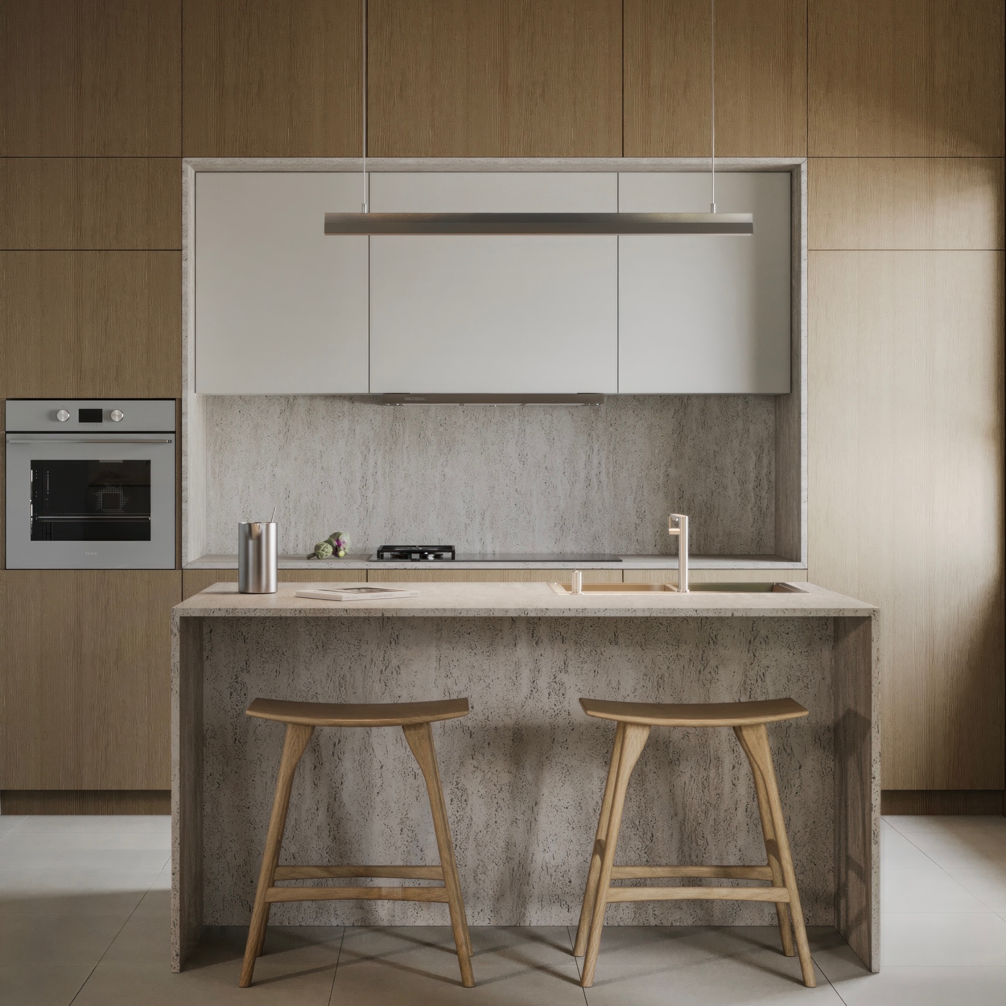 Wizualizacja nowoczesnej kuchni z wyspą wykończoną kamieniem, drewniane krzesła barowe, zabudowa kuchenna z piekarnikiem i płytą indukcyjną, oświetlenie liniowe nad wyspą.