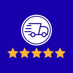 Łukasz Paciorek - Grafika wektorowa: biała ikona dostawczego auta w okręgu na niebieskim tle, poniżej pięć złotych gwiazdek. Symbol szybkiego transportu i wysokiej oceny usług.