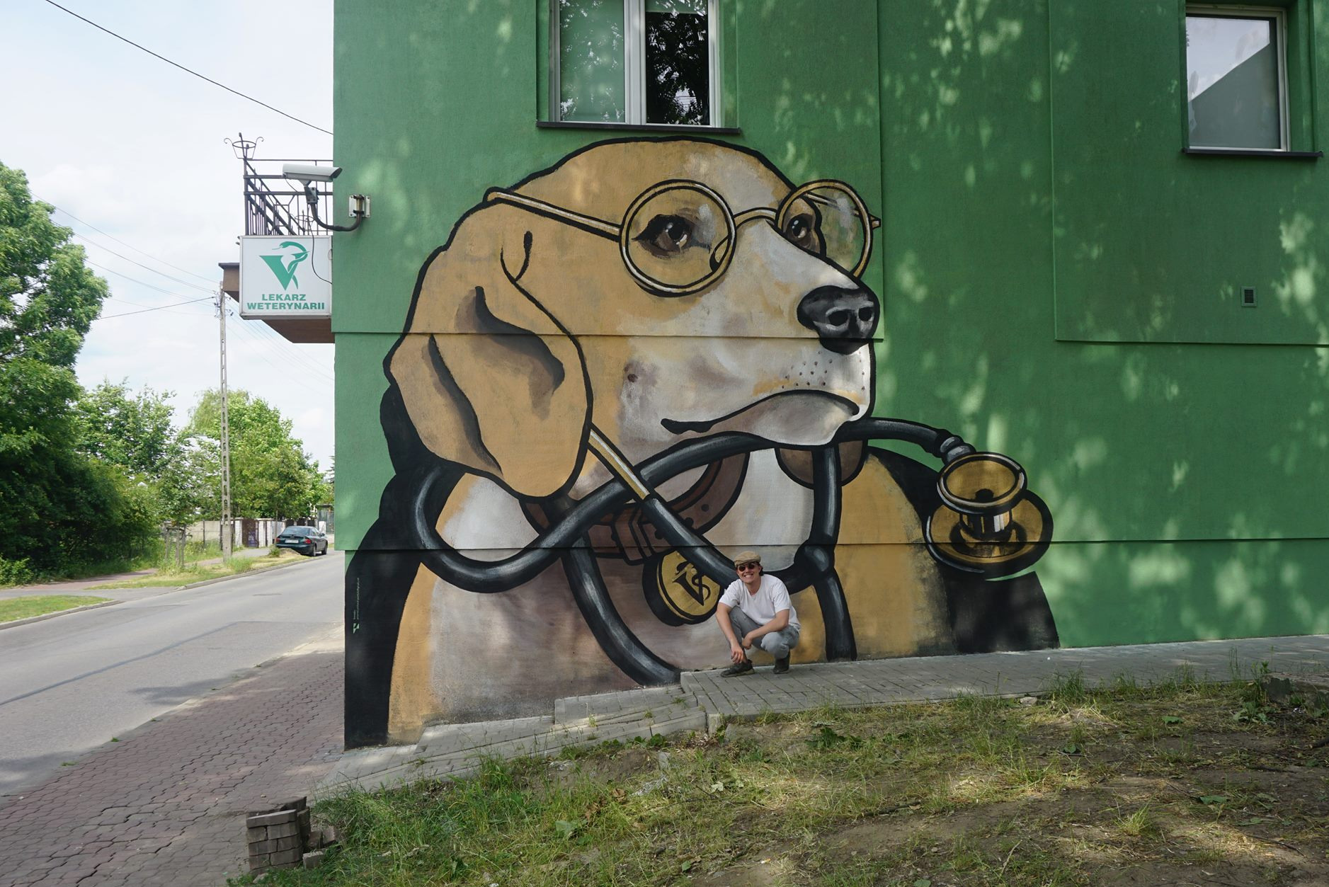 Mural na zielonej ścianie budynku przedstawiający psa w okularach i ze stetoskopem, obok kuca mężczyzna w czapce i białej koszulce, z boku ulica i szyld weterynarza.