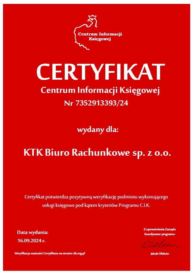 Certyfikat Centrum Informacji Księgowej dla KTK Biuro Rachunkowe sp. z o.o. nr 7352913393/24, wydany 16.09.2024, potwierdzający weryfikację usług księgowych.