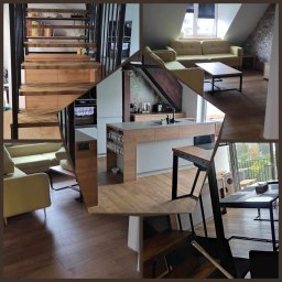 Anatolii Shtelmakh BłysKeeper - Mozaika zdjęć przedstawiająca wnętrze mieszkania: schody z drewnianymi stopniami, kuchnia z wyspą i barkiem, salon z kanapą w odcieniach zieleni i stolikiem kawowym.