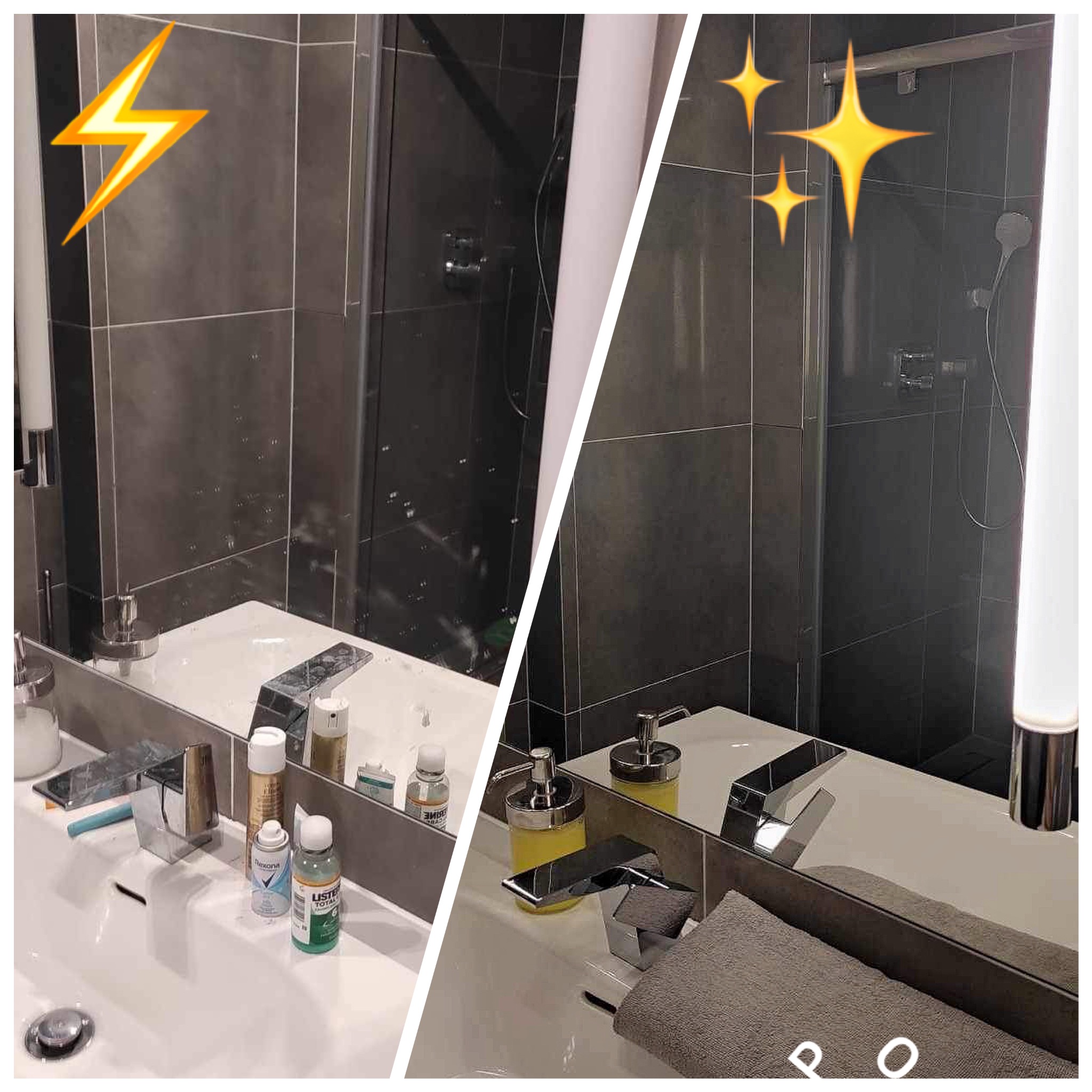 Porównanie umywalki w łazience przed i po czyszczeniu: po lewej stronie widoczne zacieki i nieporządek, po prawej - czysta umywalka z ręcznikiem i czystą kabiną prysznicową.