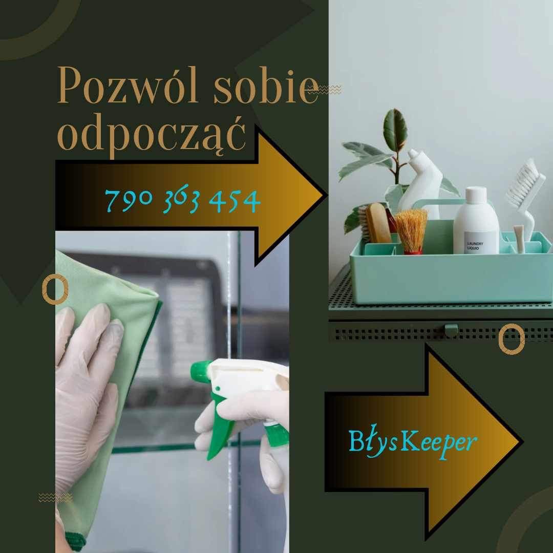 Grafika reklamowa: Ręka w białej rękawiczce czyści szklaną powierzchnię zieloną ściereczką i spryskiwaczem. W tle pojemnik z detergentami i szczotkami, numer telefonu i nazwa firmy BłysKeeper.