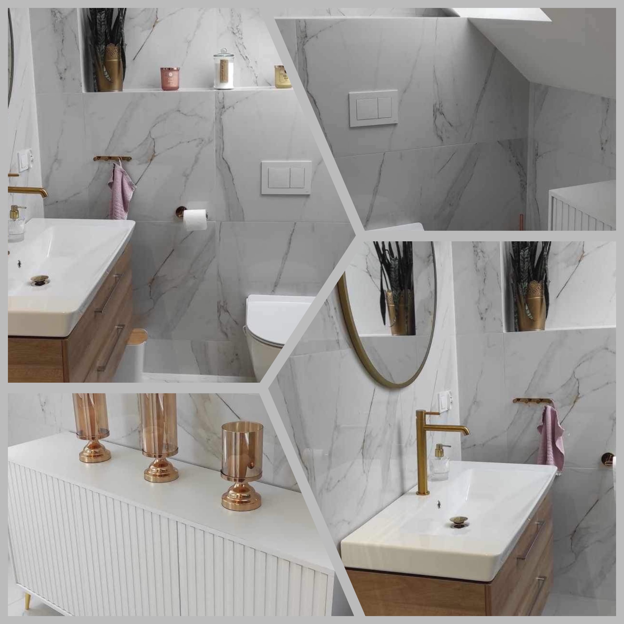 Nowoczesna łazienka z marmurowymi płytkami, złotą armaturą i drewnianą szafką pod umywalką; widoczne dekoracyjne świeczniki i roślina w ozdobnej doniczce.