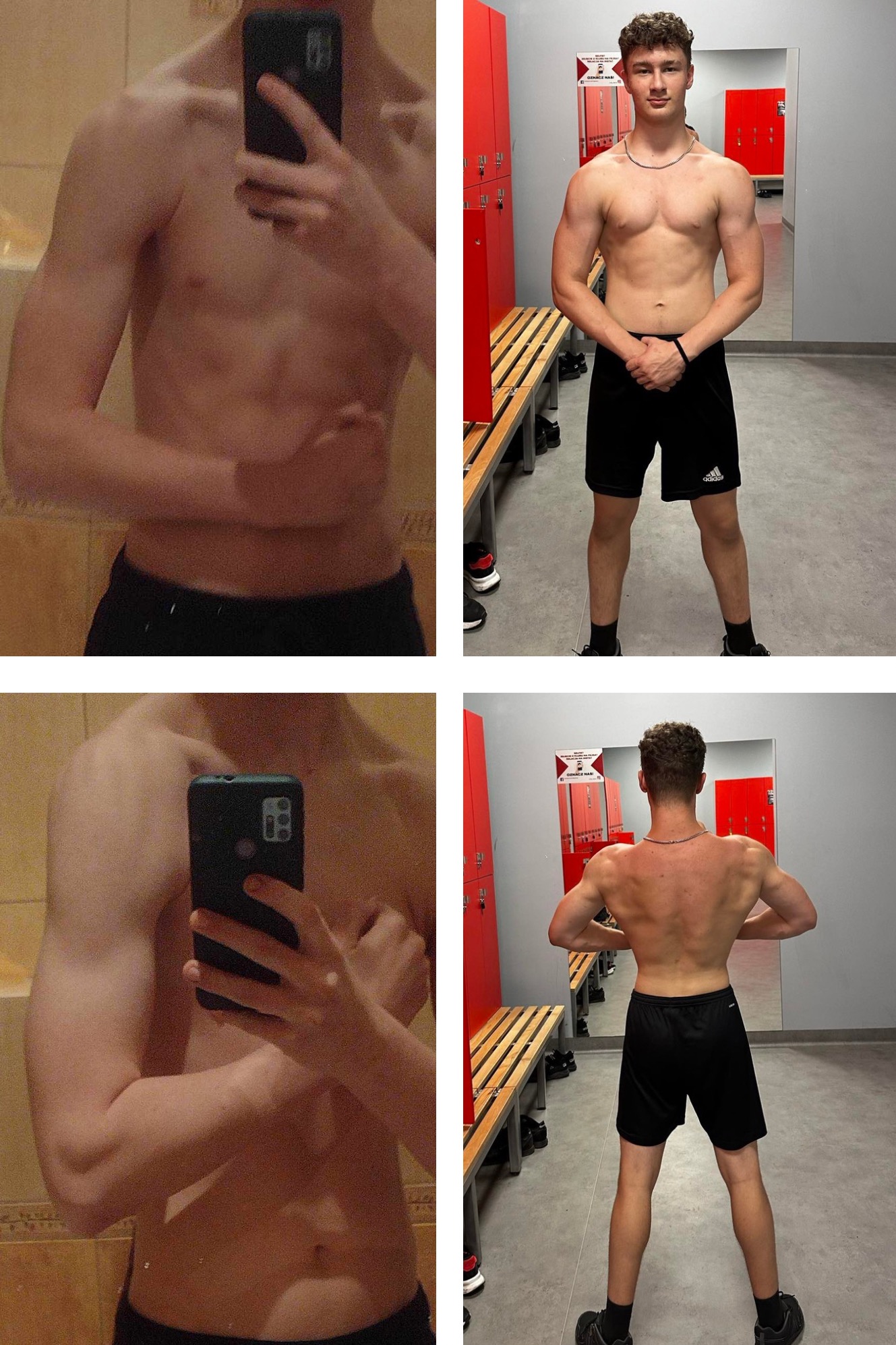 Młodzieniec prezentuje postępy w budowie masy mięśniowej: zdjęcia przed i po treningach, widoczne zmiany w sylwetce, wykonane w szatni siłowni na tle czerwonych szafek.