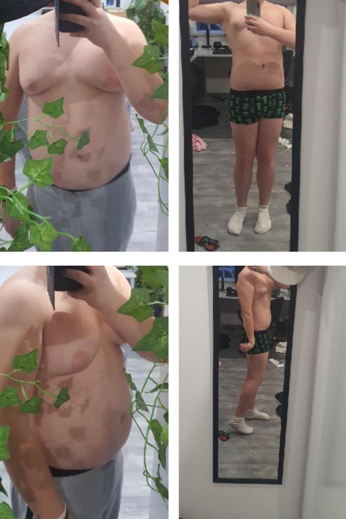 Cztery ujęcia tej samej osoby przed i po zmianie sylwetki, z lewej strony przed przemianą, z prawej w lustrze po przemianie, widoczne zmiany w budowie ciała, na pierwszym planie sztuczna roślina.