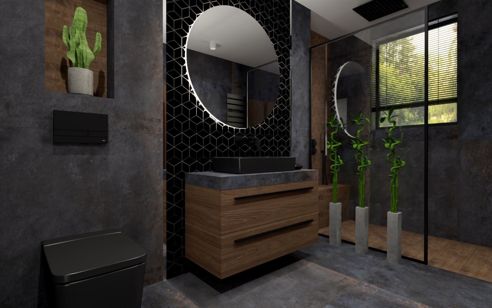 Nowoczesna łazienka z czarną armaturą, okrągłym lustrem z podświetleniem LED, drewnianą szafką pod umywalką i roślinami ozdobnymi.