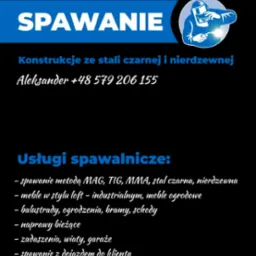 Grafika reklamowa firmy spawalniczej: niebieski napis 'SPAWANIE', dane kontaktowe, zakres usług (konstrukcje ze stali czarnej i nierdzewnej, balustrady, ogrodzenia, bramy, schody, meble loft...