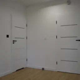 Dwie białe drzwi z poziomymi, czarnymi wstawkami, zamontowane w minimalistycznym, białym wnętrzu. Na ścianie widoczne czarne włączniki światła i gniazdko.