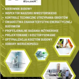 Ulotka reklamowa firmy budowlanej z logo, danymi kontaktowymi i listą usług, w tym nadzór budowlany, projektowanie i odbiory nieruchomości. W tle zdjęcia z budowy i projektów.