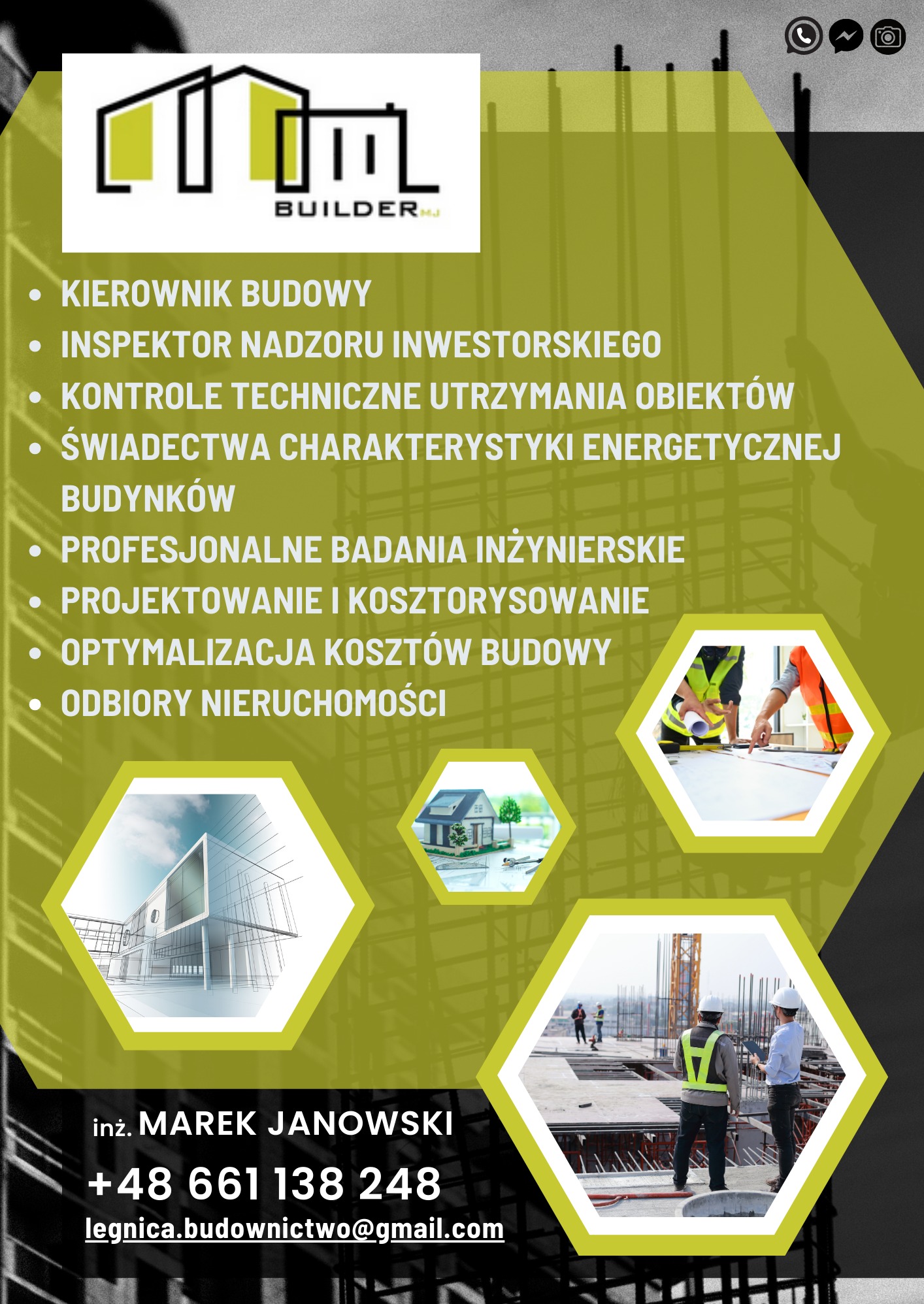 Ulotka reklamowa firmy budowlanej z logo, danymi kontaktowymi i listą usług, w tym nadzór budowlany, projektowanie i odbiory nieruchomości. W tle zdjęcia z budowy i projektów.