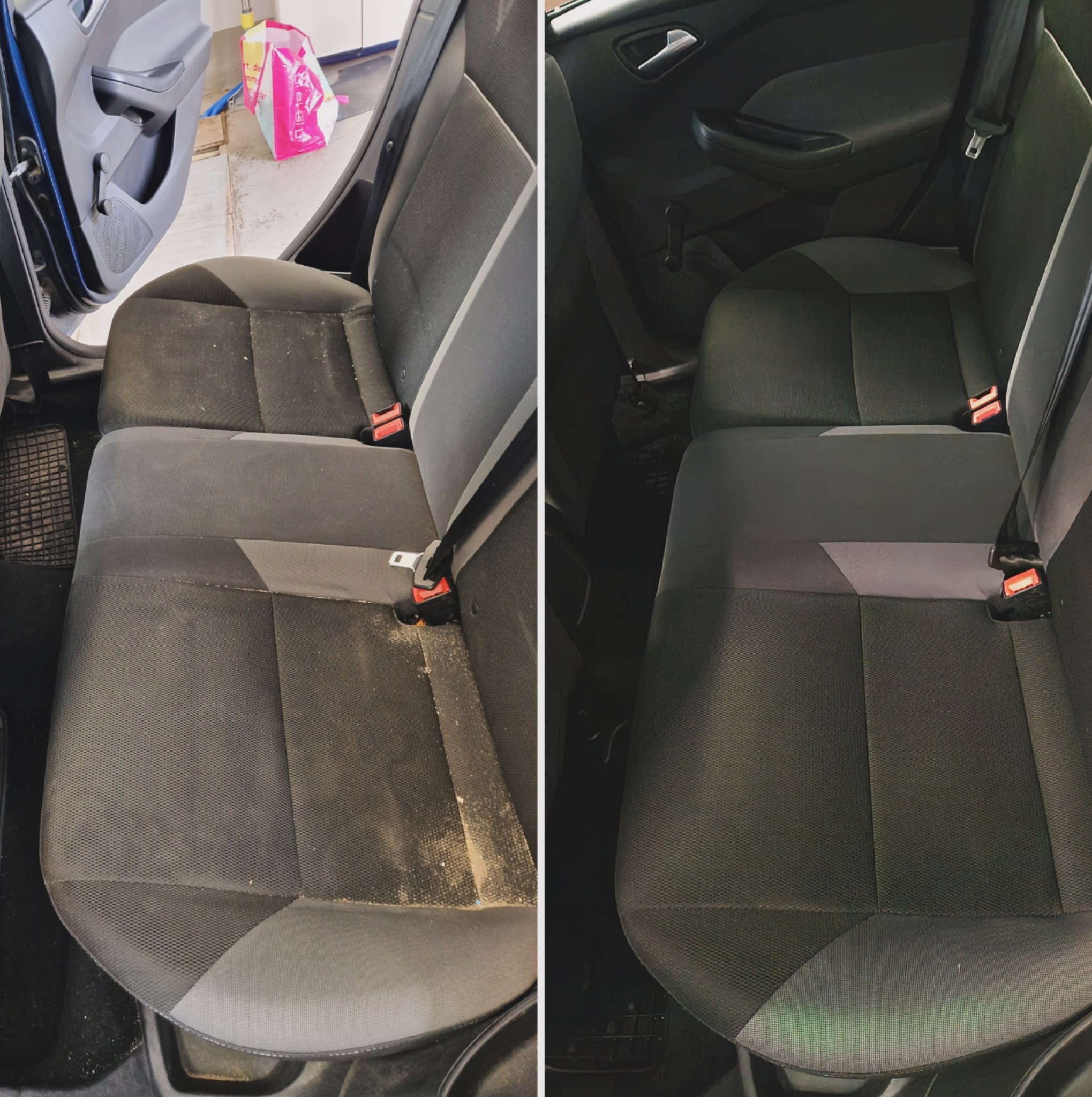 Porównanie tylnej kanapy samochodowej przed i po praniu tapicerki przez firmę z Opola, widoczne wyraźne usunięcie zabrudzeń i odświeżenie materiału.