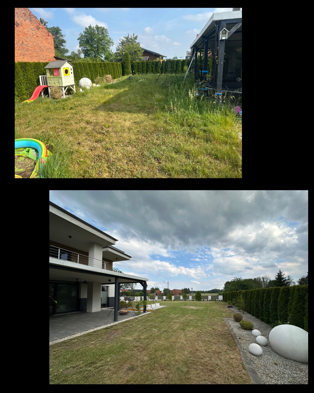 Porównanie stanu ogrodu przed i po: zaniedbany trawnik z chwastami i zabawkami dziecięcymi kontra krótko przystrzyżony trawnik, schludny ogród z dekoracyjnymi kamieniami i równo przyciętym...