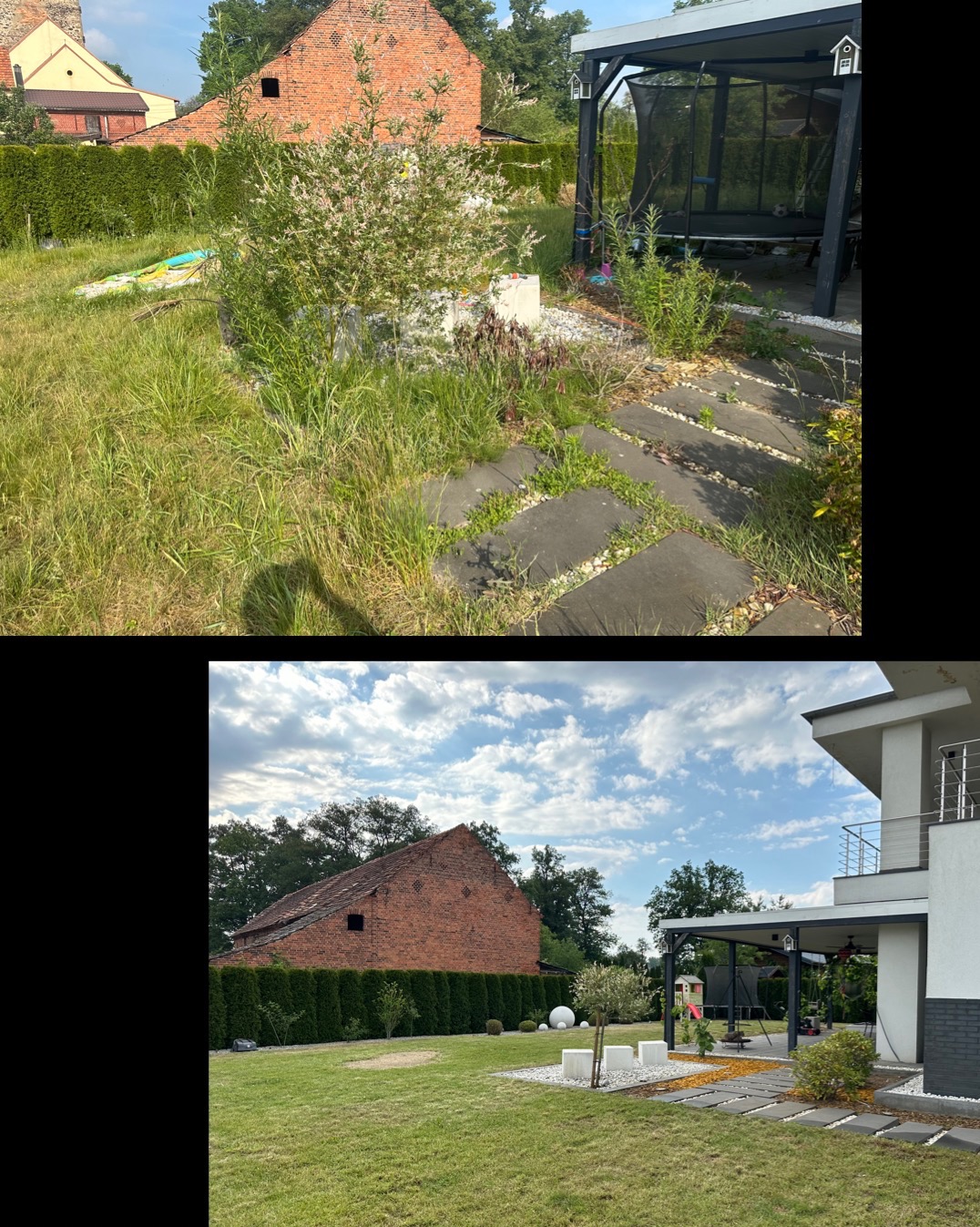 Porównanie stanu ogrodu przed i po: zaniedbany trawnik zarośnięty chwastami kontra równo przystrzyżona trawa, uporządkowane ścieżki z kamieni, zadbane krzewy i drzewa, widoczna pergola w tle.