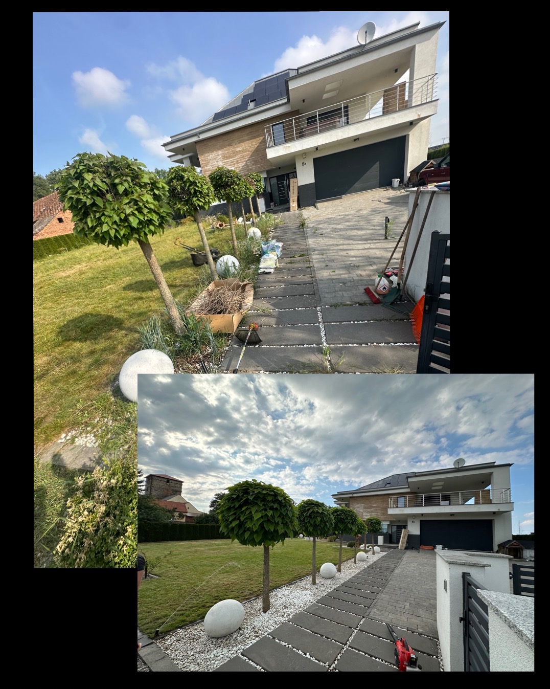 Dwa ujęcia ogrodu przed nowoczesnym domem z kostką brukową i kulistymi drzewami, widoczny trawnik, białe kamienie i narzędzia ogrodnicze.