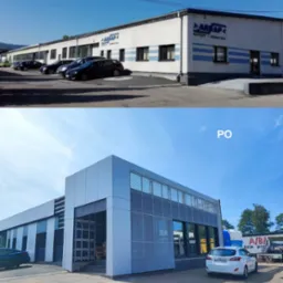 Zdjęcie 'przed i po' prezentujące renowację i rozbudowę biurowca z nowoczesną elewacją wentylowaną z płyt i siatki cięto-ciągnionej; widoczna zmiana wyglądu budynku z tradycyjnego na nowoczesny.