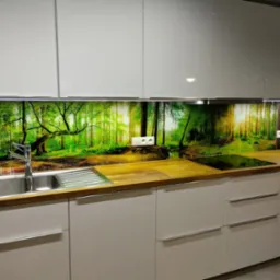 Szklana ściana nad blatem w kuchni z motywem leśnym, widoczny zlew, płyta grzewcza i białe szafki.