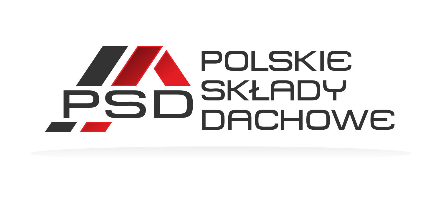 Logo firmy 'Polskie Składy Dachowe' z elementami graficznymi w kolorach czarnym i czerwonym na białym tle.