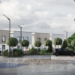 Sebastian Filuś - Wizualizacja osiedla domów jednorodzinnych z drewnianą elewacją, widok z poziomu ulicy, samochody zaparkowane na podjeździe, jesienne liście na kostce brukowej, nowoczesne lampy oświetleniowe.