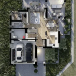 Rzut z góry na projekt domu z garażem na dwa samochody, tarasem z meblami ogrodowymi, salonem z sofą, jadalnią z okrągłym stołem i kuchnią w kształcie litery U.