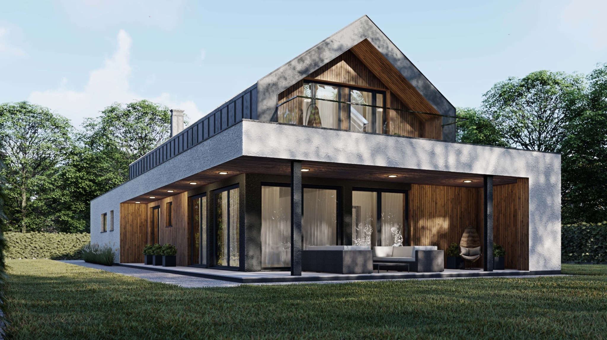 Wizualizacja nowoczesnego domu jednorodzinnego z drewnianą elewacją, dużymi przeszkleniami i balkonem, otoczonego zielenią, z widocznym tarasem i meblami ogrodowymi.