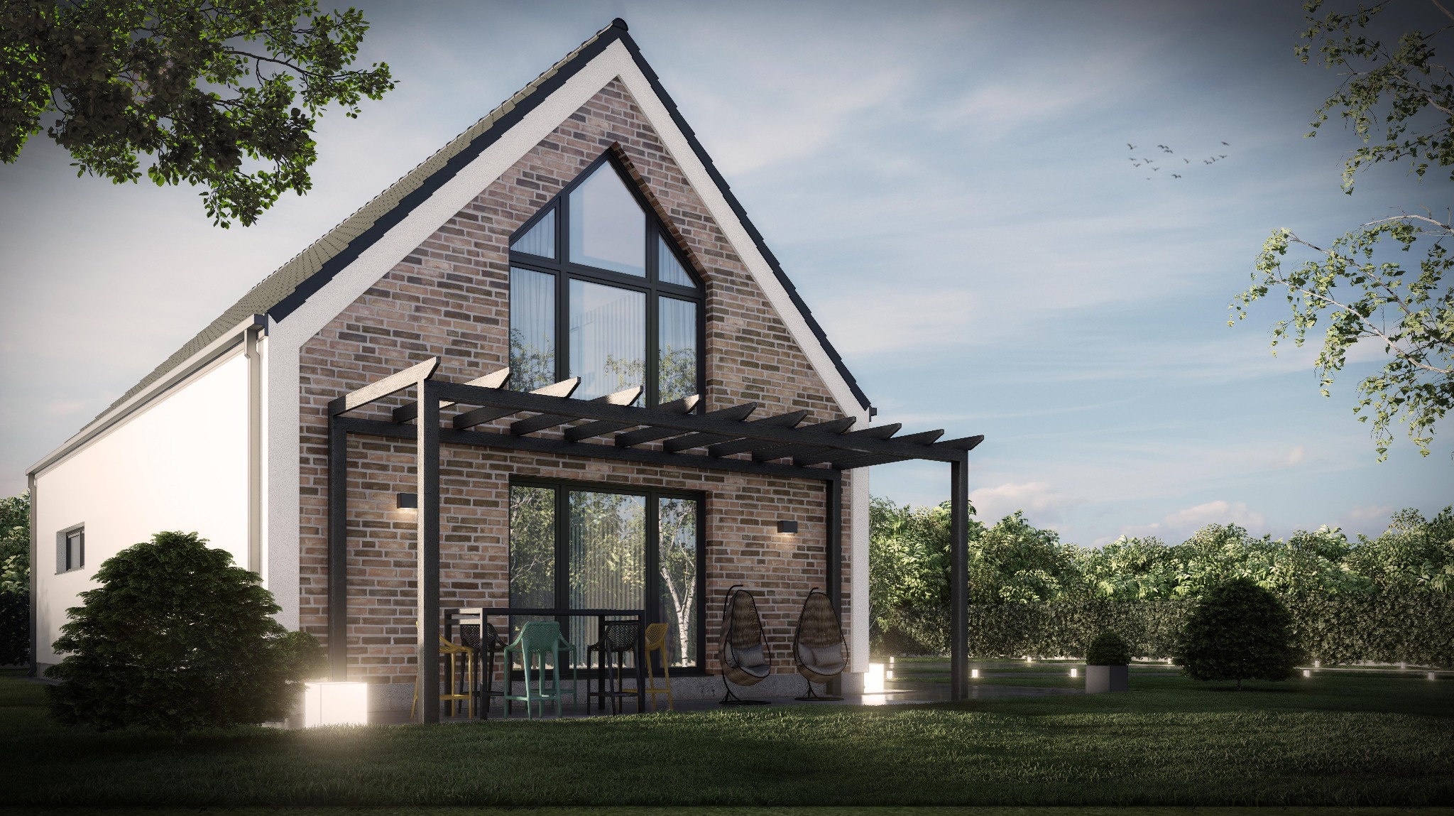 Wizualizacja domu jednorodzinnego z ceglaną elewacją, dużym oknem w szczycie i pergolą nad tarasem, otoczonego zielenią.