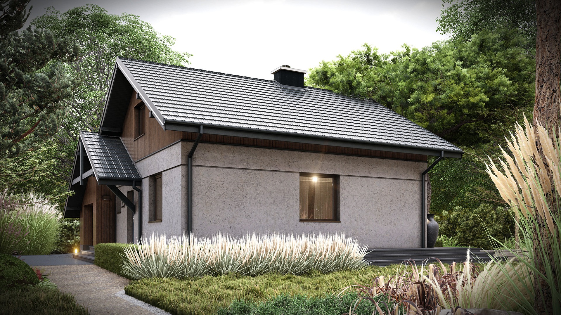 Wizualizacja domu jednorodzinnego z szarą elewacją i ciemną dachówką, otoczonego zielenią i ozdobnymi trawami.