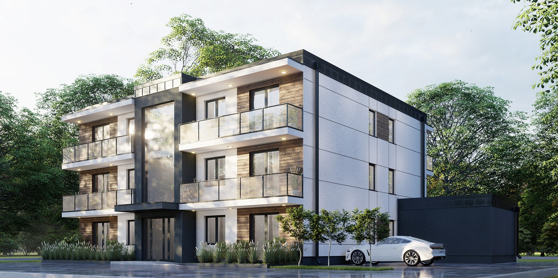 Wizualizacja nowoczesnego, trzypiętrowego budynku apartamentowego z balkonami i elementami drewnianymi, otoczonego zielenią, z białym samochodem zaparkowanym obok.