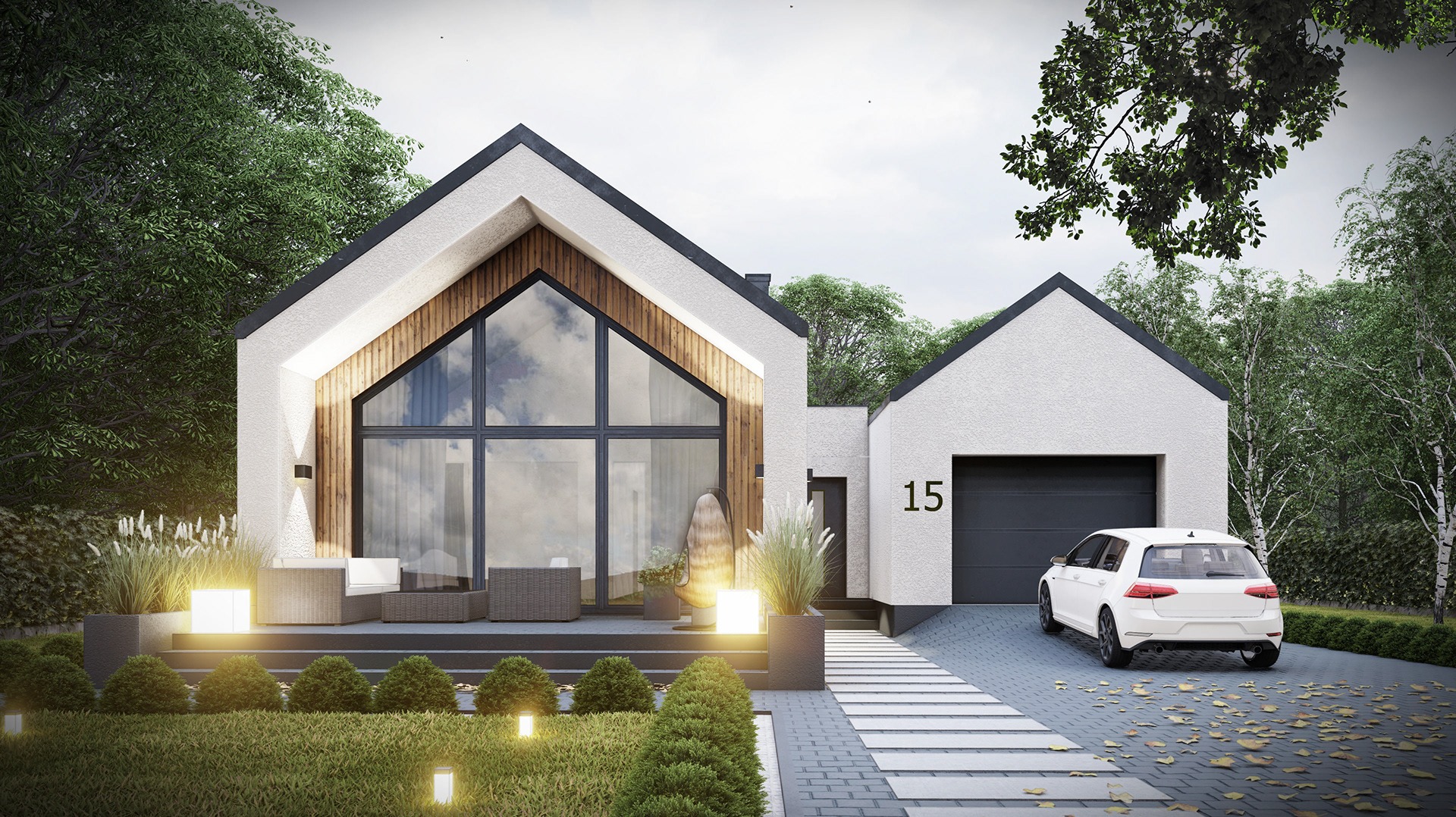 Wizualizacja nowoczesnego domu jednorodzinnego z dużym oknem frontowym, tarasem z meblami ogrodowymi i garażem, oświetlonego lampami zewnętrznymi.
