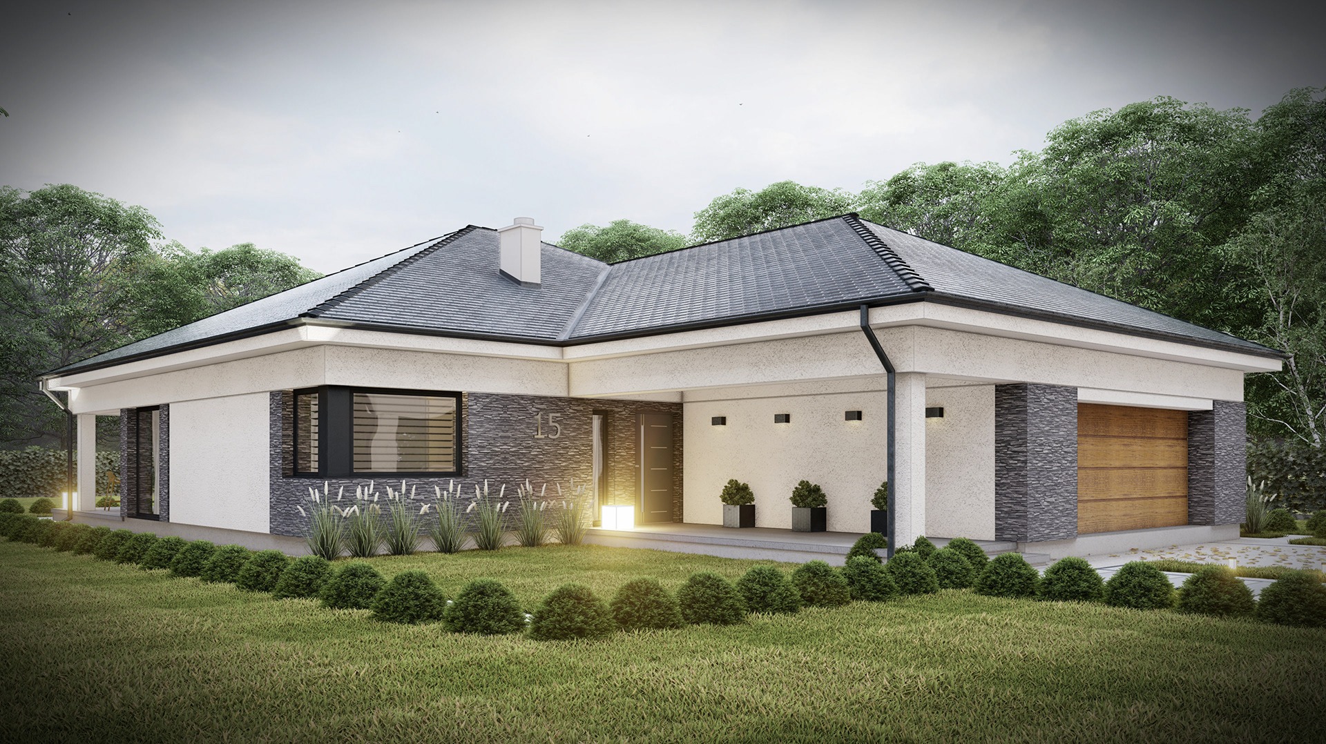 Wizualizacja parterowego domu jednorodzinnego z szarą dachówką, elewacją w odcieniach bieli i szarości oraz drewnianą bramą garażową, otoczonego zielonym trawnikiem i krzewami.