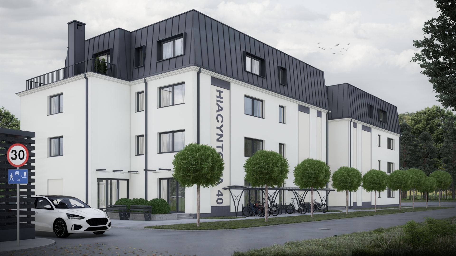 Wizualizacja nowoczesnego budynku mieszkalnego w Lubiczu z białą elewacją i ciemnym dachem, z zaparkowanym samochodem i wiatą rowerową.
