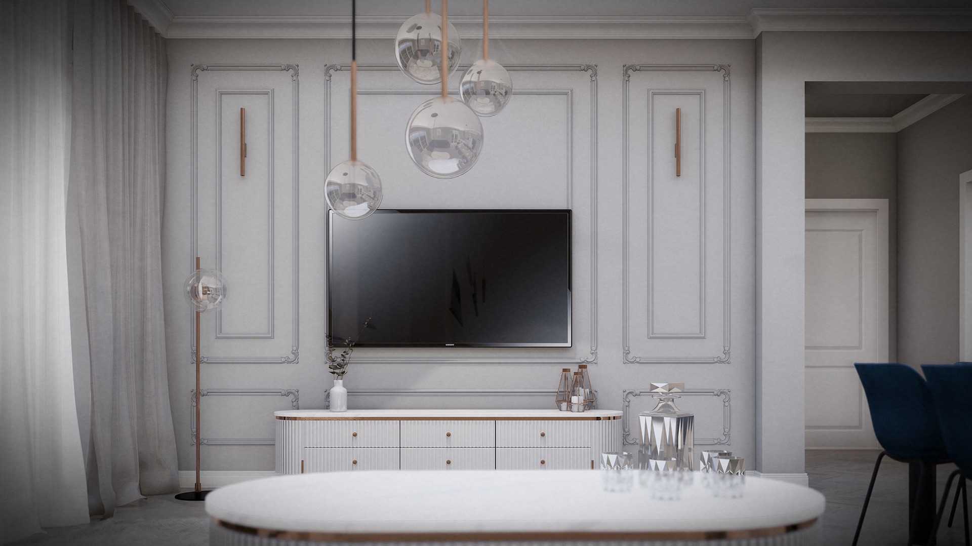 Nowoczesny salon z telewizorem na ścianie z dekoracyjnymi panelami, wiszące szklane lampy, biała komoda i okrągły stolik kawowy z marmurowym blatem.