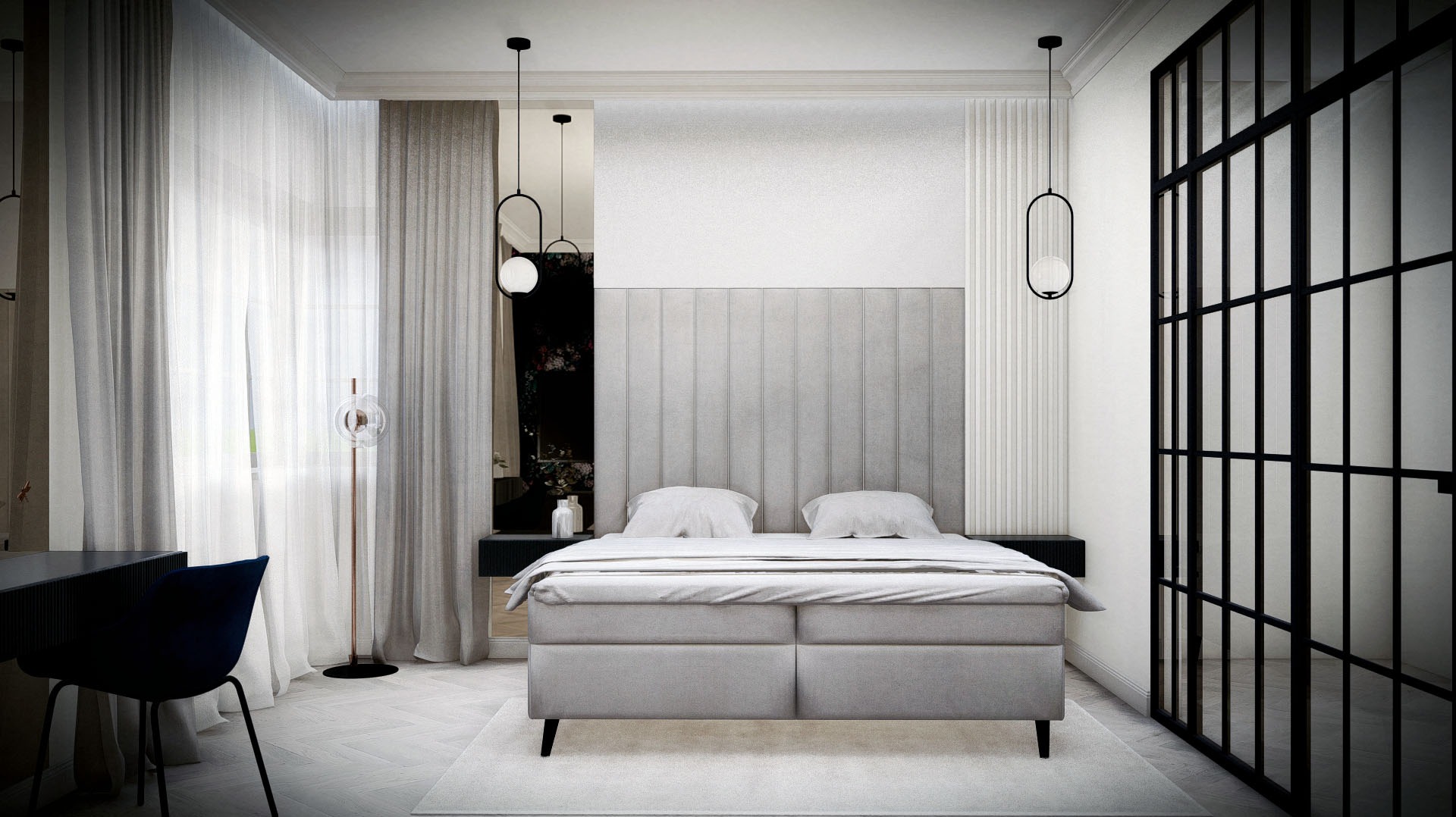 Jasna sypialnia z łóżkiem kontynentalnym, szarym zagłówkiem w pionowe pasy, wiszącymi lampami, przeszkloną ścianką działową i dekoracyjnym oświetleniem podłogowym