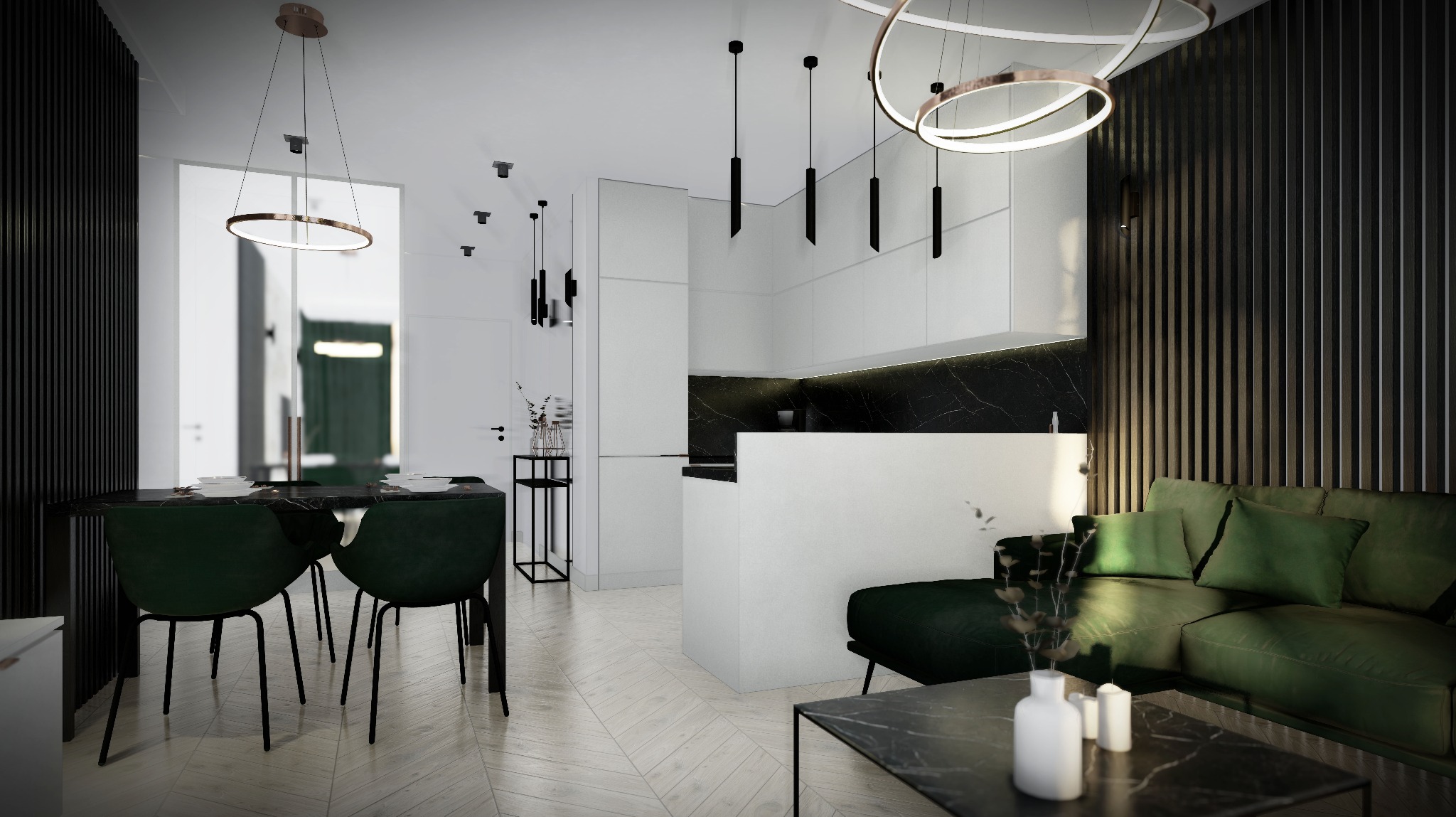 Wizualizacja wnętrza: jadalnia z zielonymi krzesłami i marmurowym stołem, otwarta na kuchnię z czarnym blatem i białą zabudową, oświetlona nowoczesnymi lampami wiszącymi.