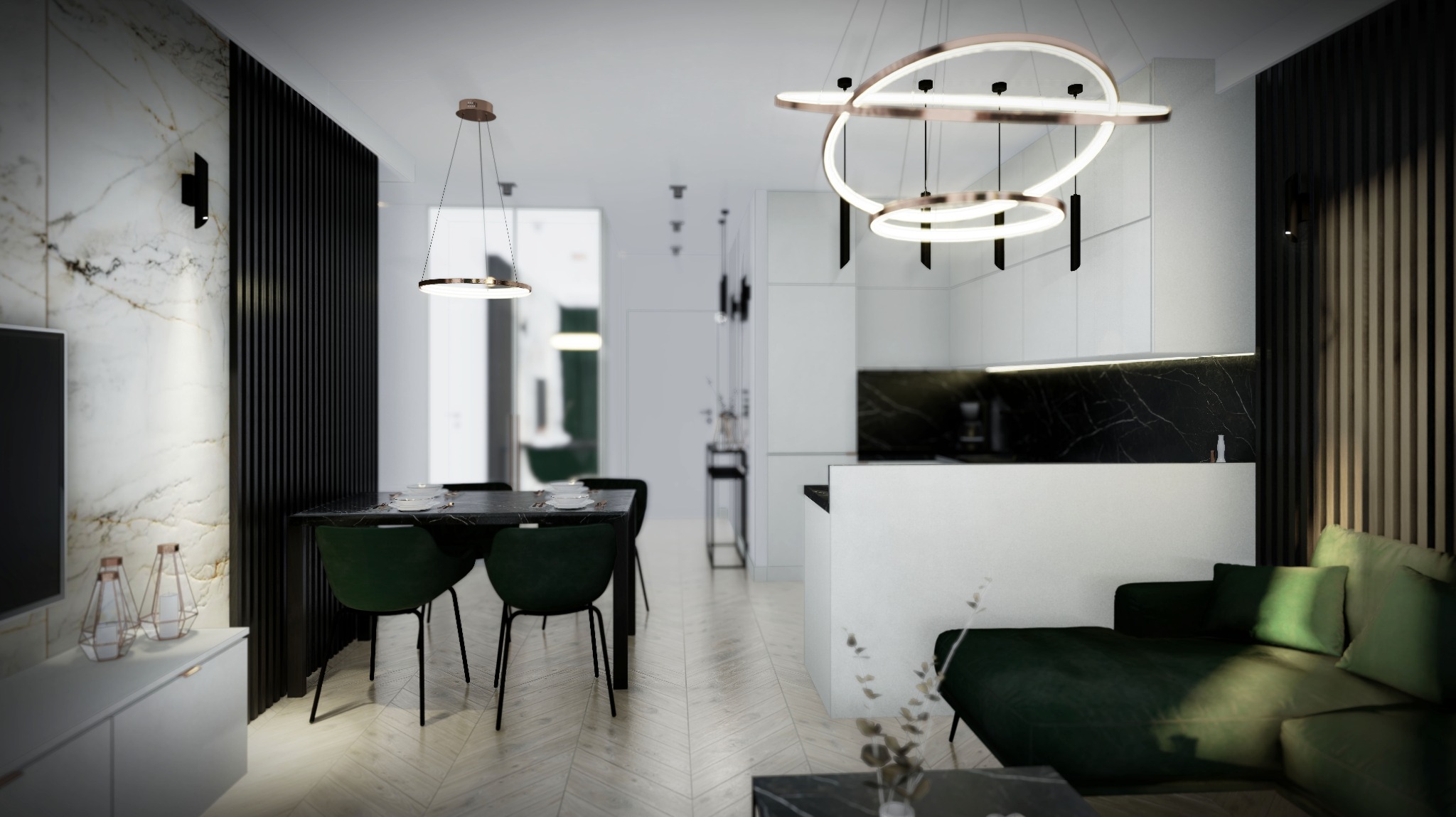 Wnętrze salonu z jadalnią w stylu nowoczesnym, z zielonymi krzesłami i sofą, marmurową ścianą i czarnymi lamelami, oświetlone nowoczesnymi lampami wiszącymi.