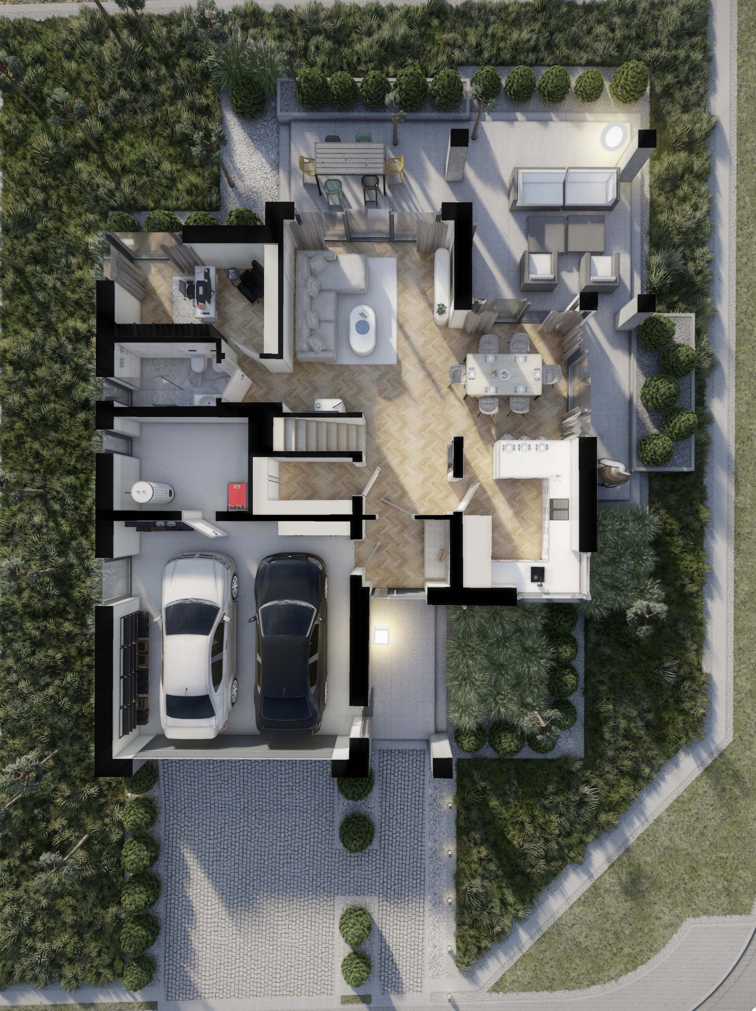 Rzut z góry na projekt domu z garażem na dwa samochody, tarasem z meblami ogrodowymi, salonem z sofą, jadalnią z okrągłym stołem i kuchnią w kształcie litery U.