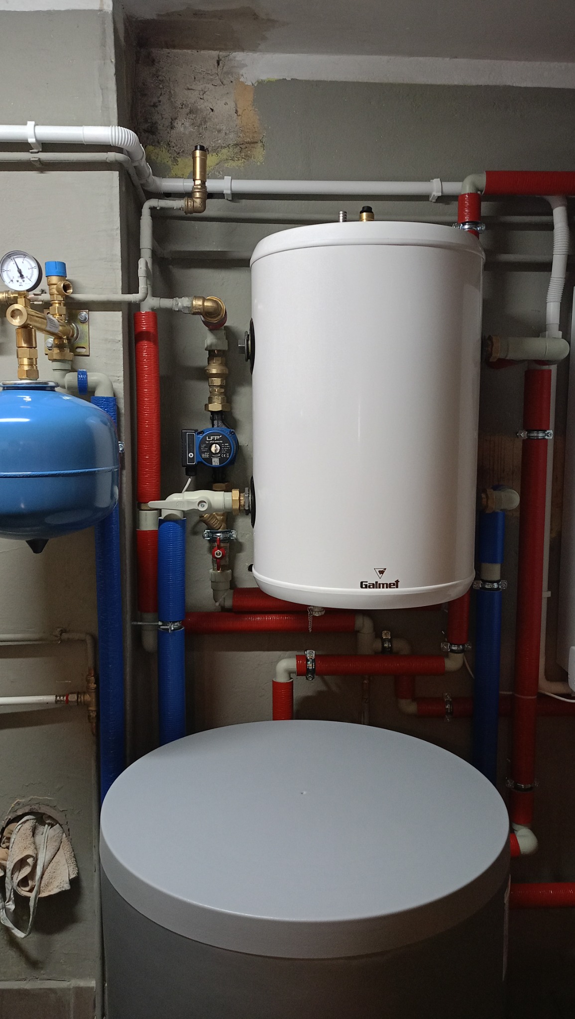 Bojler Galmet z osprzętem hydraulicznym: rurami w kolorach czerwonym i niebieskim, oraz manometrem, na tle surowej ściany w pomieszczeniu technicznym.
