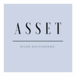 Logo firmy 'ASSET Biuro Rachunkowe' na jasnoniebieskim tle, czarny napis i linia.
