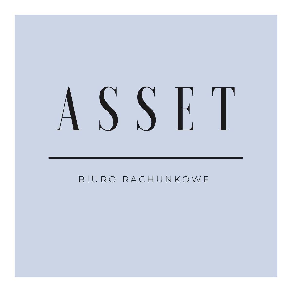 Logo firmy 'ASSET Biuro Rachunkowe' na jasnoniebieskim tle, czarny napis i linia.