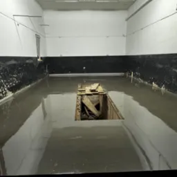 Świeżo wylana, mokra posadzka w garażu w Przeworsku, z widocznym otworem inspekcyjnym zabezpieczonym drewnianymi deskami. Ściany pomalowane do połowy na czarno, górna część biała.