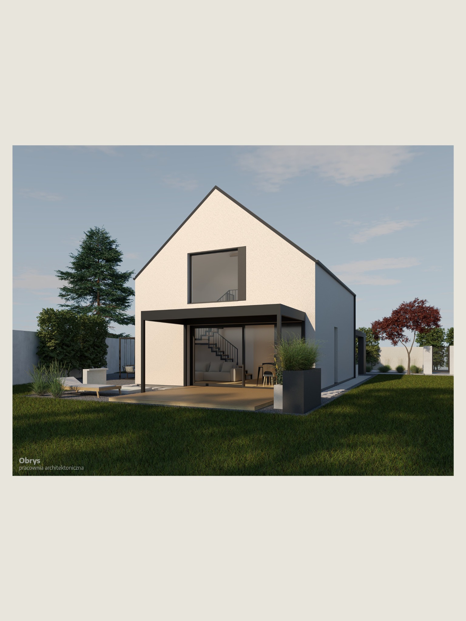 Wizualizacja nowoczesnego domu jednorodzinnego z płaskim dachem, dużymi przeszkleniami i tarasem. Minimalistyczna architektura w otoczeniu zieleni.