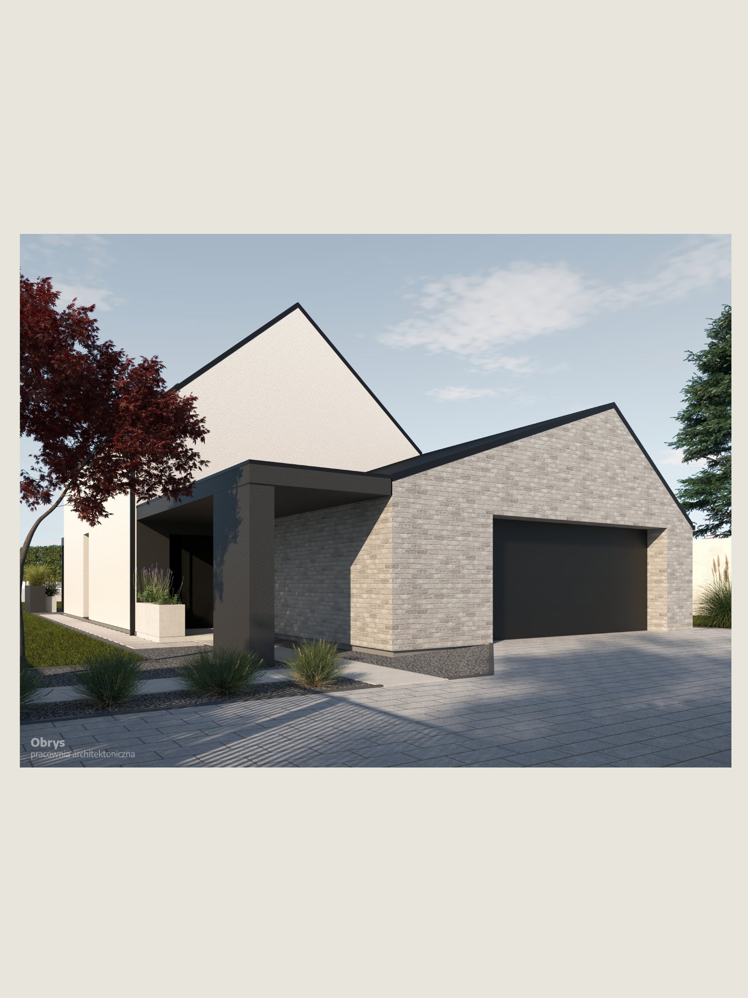 Wizualizacja domu jednorodzinnego z garażem w Bielsku-Białej. Nowoczesna bryła, jasna elewacja, grafitowe akcenty, zadbana zieleń. Projekt architektoniczny.